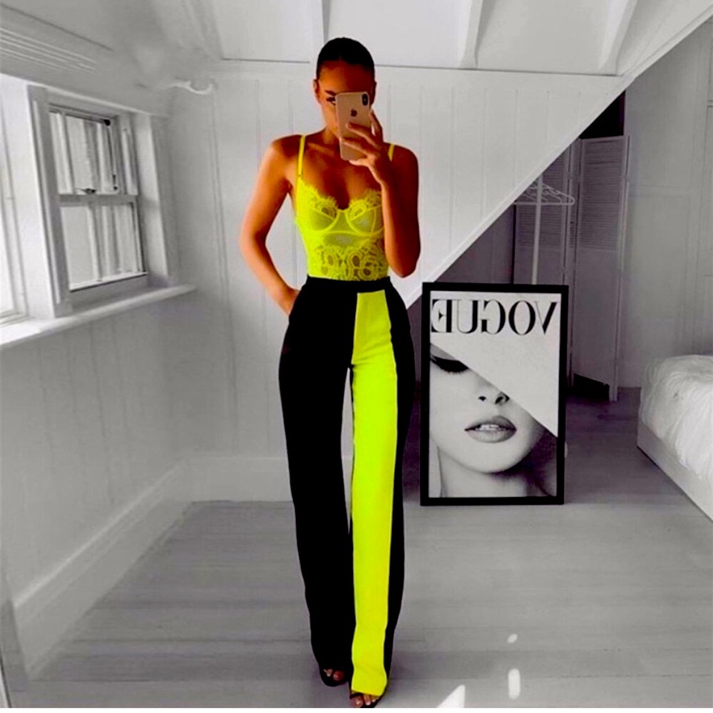 House of CB London Ivey Pant Black Neon Highlighter Yellow Size Small
